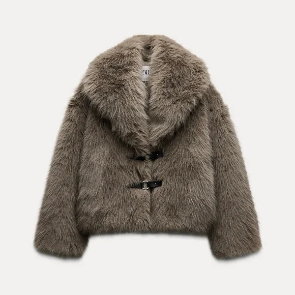 Zara faux fur buckle closure short coat grey brown - Picture 16 of 16